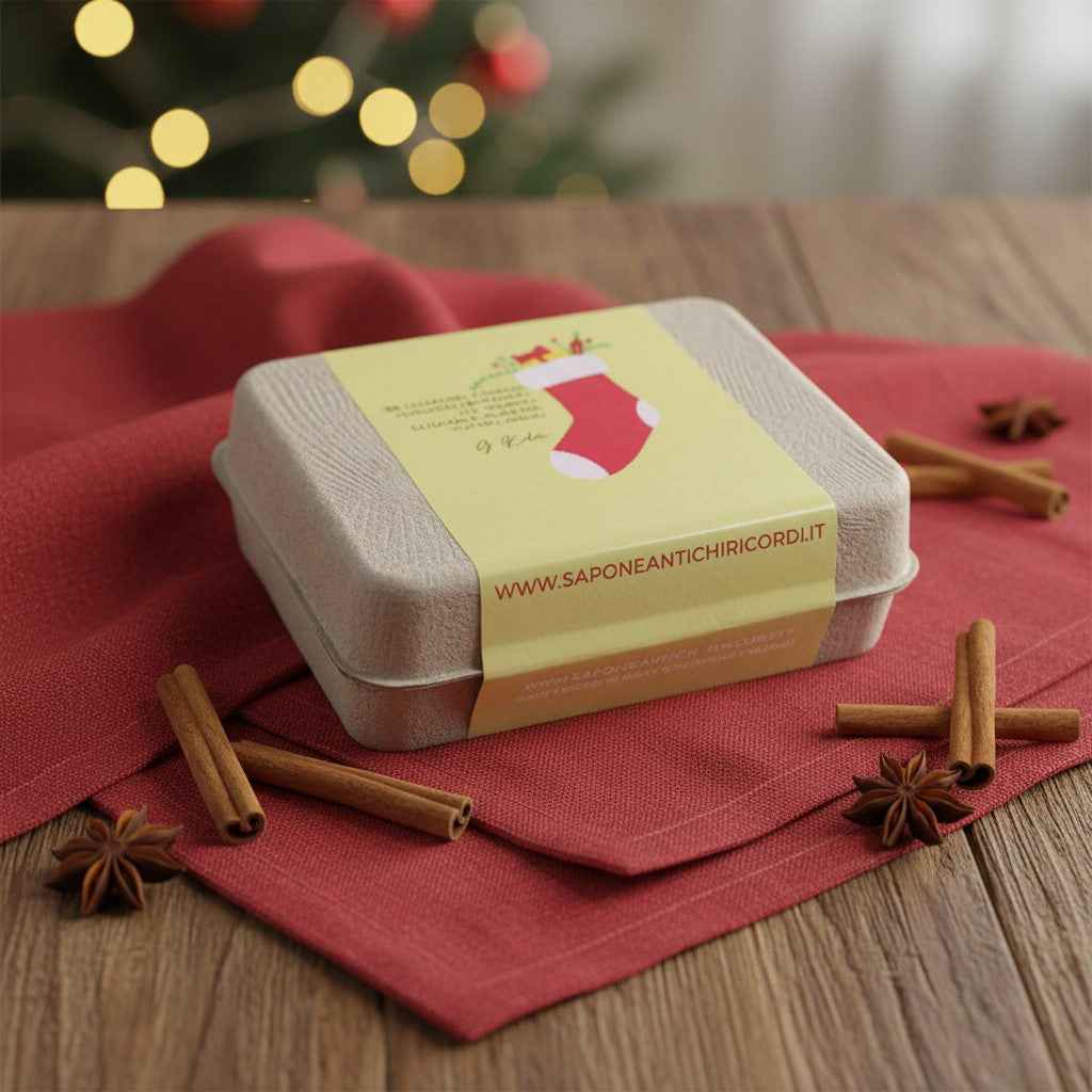 CONFEZIONE SAPONETTE NATALIZIE MELISSA, VANIGLIA, TALCO, MUSCHIO BIANCO