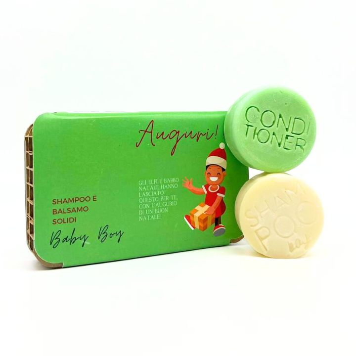 CONFEZIONE NATALIZIA PER BAMBINO SHAMPOO SOLIDO BABY BOY MUSCHIO BIANCO + BALSAMO SOLIDO BABY ANGURIA & CETRIOLO