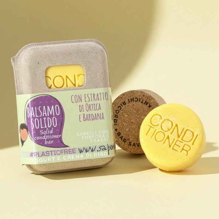 BALSAMO SOLIDO CAPELLI GRASSI O CON FORFORA ALLO YOGURT E CREMA DI RISO CON BAR SAVER IN SUGHERO