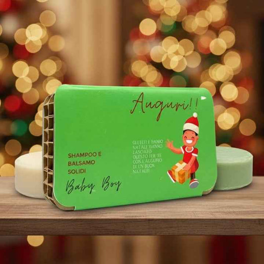 CONFEZIONE NATALIZIA PER BAMBINO SHAMPOO SOLIDO BABY BOY MUSCHIO BIANCO + BALSAMO SOLIDO BABY ANGURIA & CETRIOLO