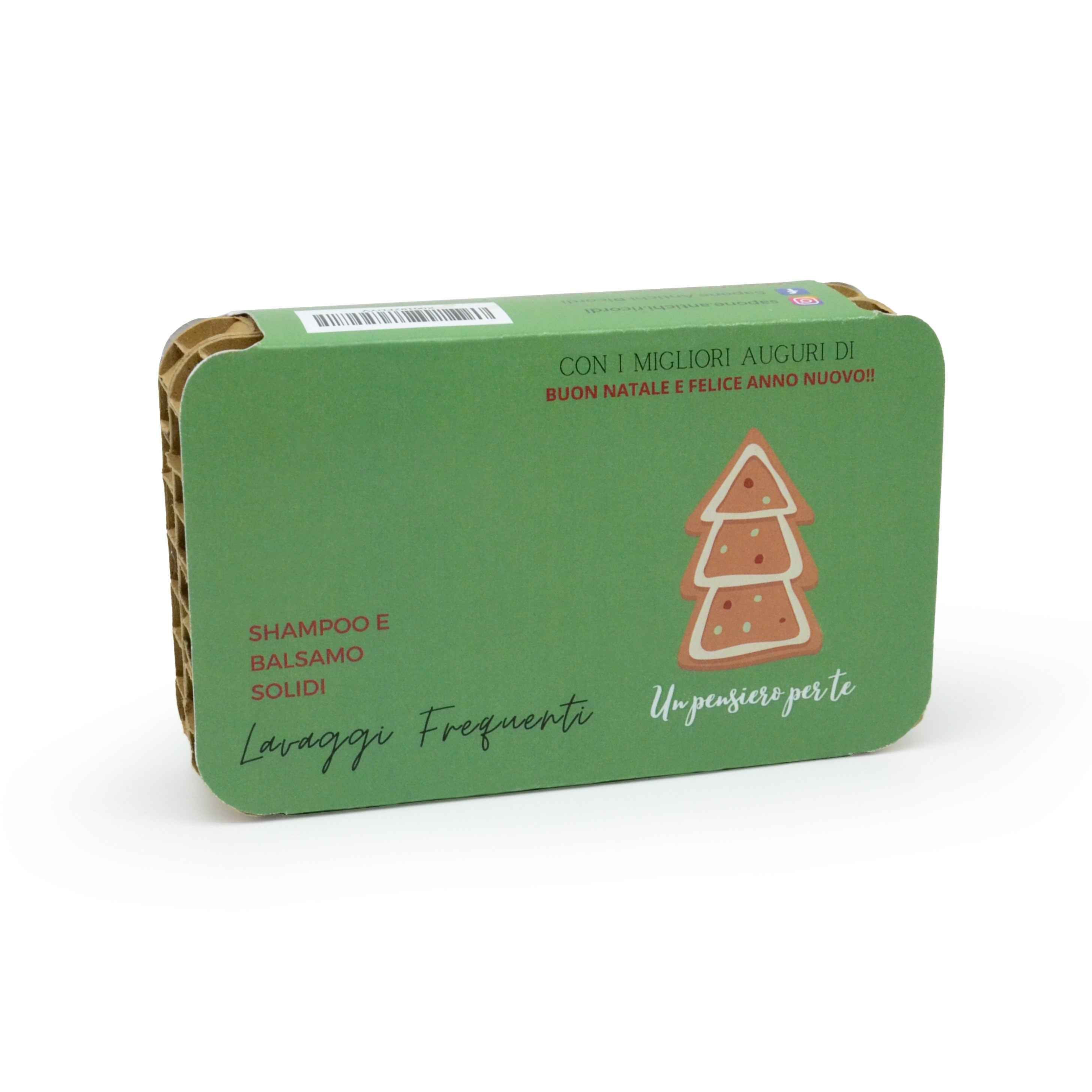 CONFEZIONE NATALIZIA SHAMPOO SOLIDO THE NERO E BERGAMOTTO + BALSAMO SOLIDO FLEUR D'IRIS PER LAVAGGI FREQUENTI