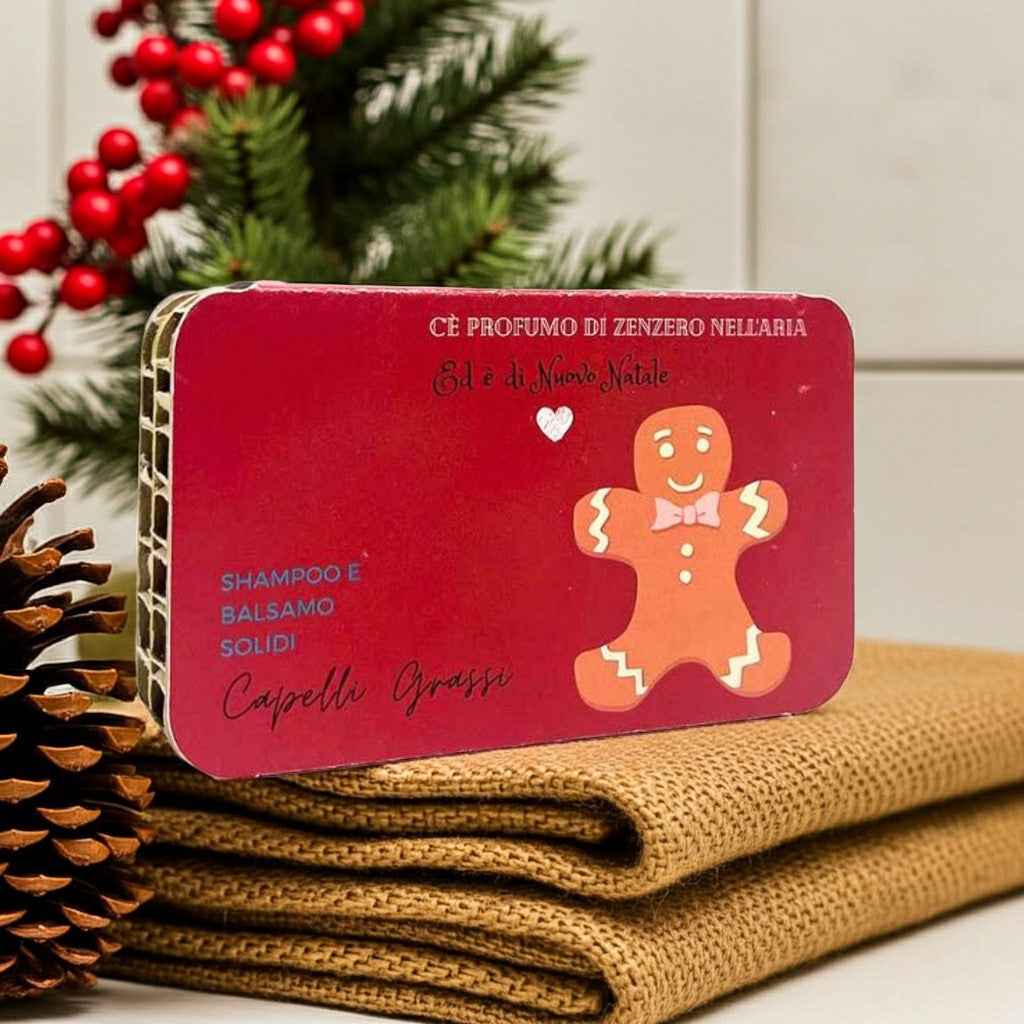 CONFEZIONE NATALIZIA SHAMPOO SOLIDO CAPELLI GRASSI RUGIADA + BALSAMO SOLIDO CAPELLI GRASSI O CON FORFORA YOGURT E CREMA DI RISO