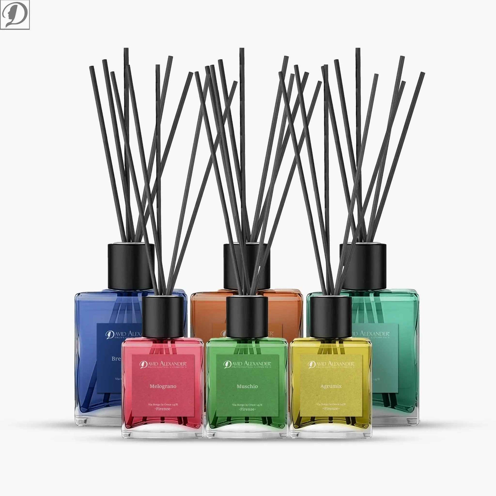 David Alexander Professional Cosmetics  Kit Profumatori Con Bastoncini dì Bamboo Per Ambiente Brezza Marina, Orchidea E Vaniglia, Lavanda, Agrumi di Sicilia è Melograno