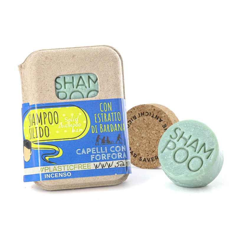 SHAMPOO SOLIDO CAPELLI CON FORFORA ALL'INCENSO CON BAR SAVER IN SUGHERO