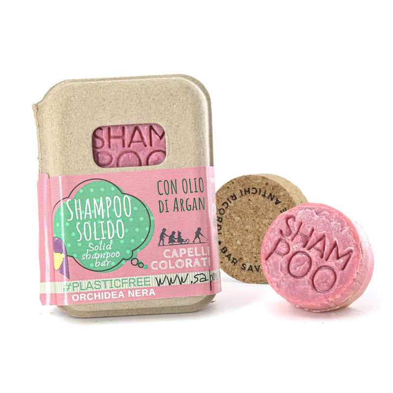 SHAMPOO SOLIDO CAPELLI COLORATI ALL'ORCHIDEA NERA CON BAR SAVER IN SUGHERO