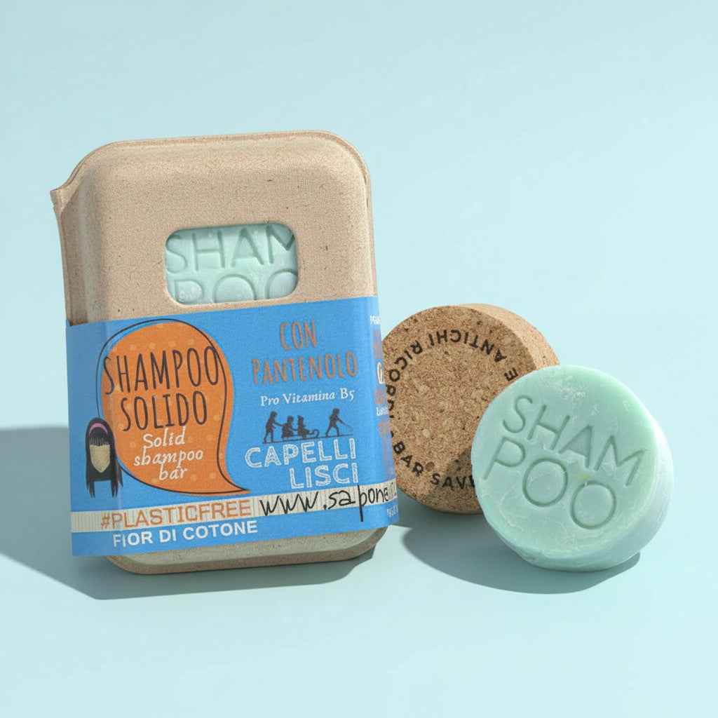 SHAMPOO SOLIDO CAPELLI LISCI AL FIOR DI COTONE CON BAR SAVER IN SUGHERO