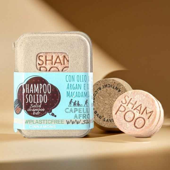 SHAMPOO SOLIDO CAPELLI AFRO O RICCI POROSI ALLA CANNELLA CON BAR SAVER IN SUGHERO
