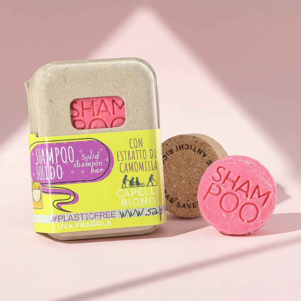 SHAMPOO SOLIDO CAPELLI BIONDI ALL'UVA FRAGOLA CON BAR SAVER IN SUGHERO